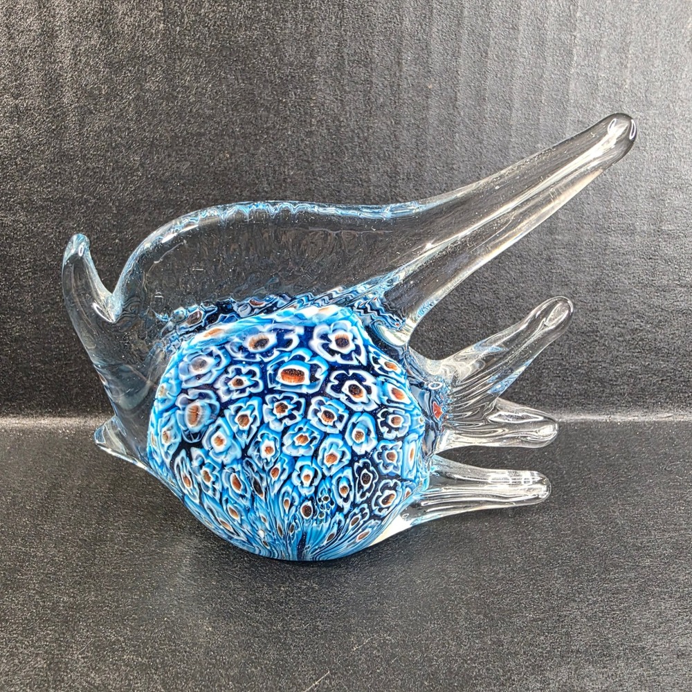 Paperweight Millefiori Glass Fish Figurine Blue Clear Art Glass Aquatic Decor
